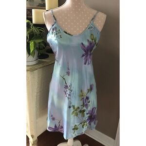 Vtg Lingerie Dress Nightgown Blue Floral Babydoll Satin Look Lace Trim Women's M